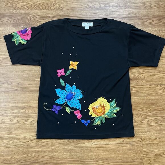 Vtg 80S Lisa Ashley T Shirt Black Sz M Embroidered Beaded Colorful Floral SP Pad - Picture 2 of 10